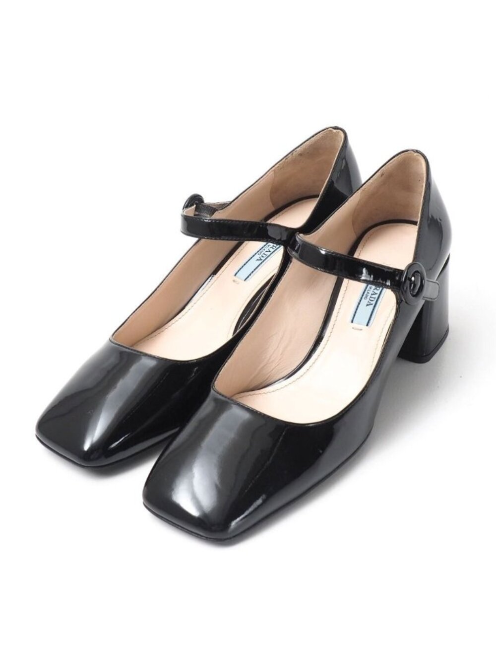 Prada Pumps Mary Jane Patent Square Toe Chunky Heel Strap/rb
